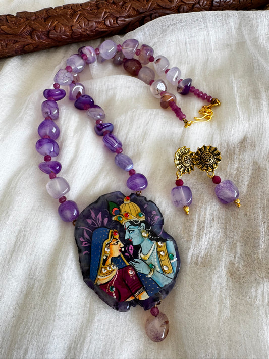 Hand painted radhe-krishna sliced agate pendant with purple onyx beaded necklace set dj-52625