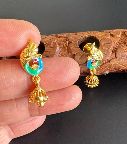 Gold tone blue-green small enamel peacock jhumkka dj-51288