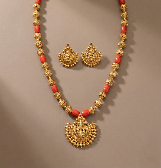 Antique gold tone flower coral beaded lakshmi necklace set dj-52694
