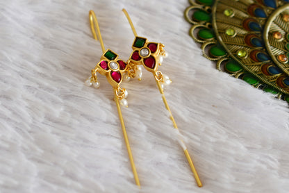 Gold tone pink-green-white kundan jadau bugadi needle earrings dj-52497