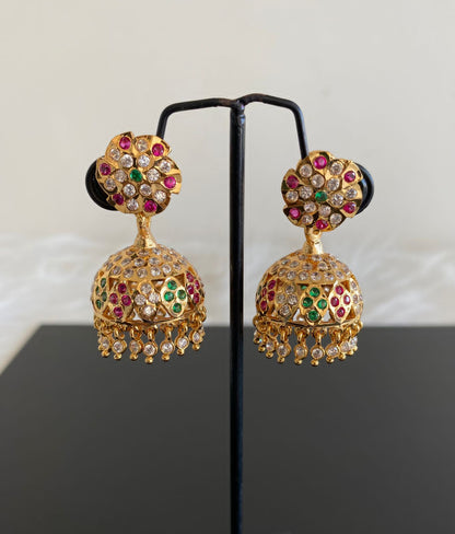 Gold tone south indian style AD pink-green-white jhumkka dj-50497