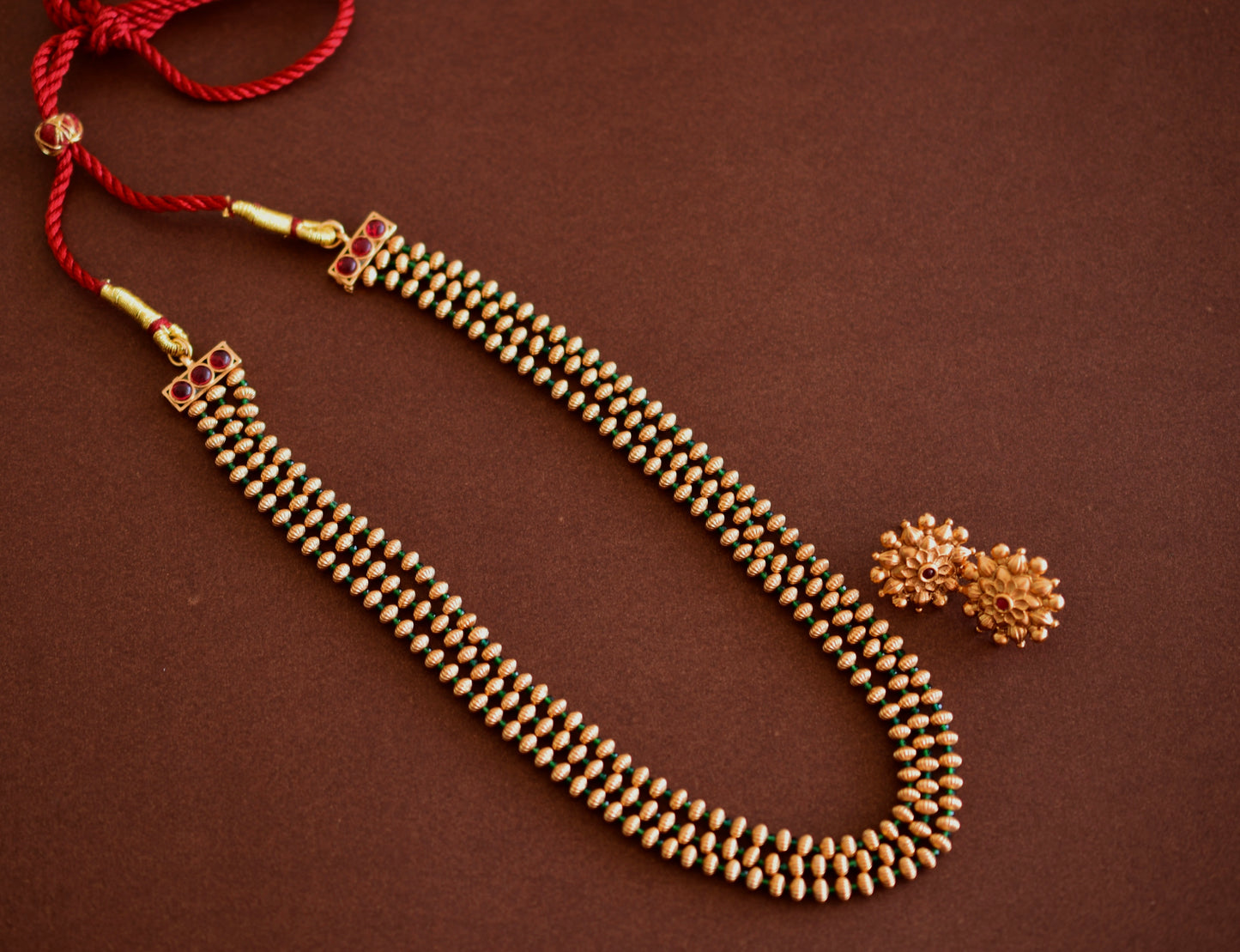 Antique gold tone green beaded multilayer necklace set dj-52699