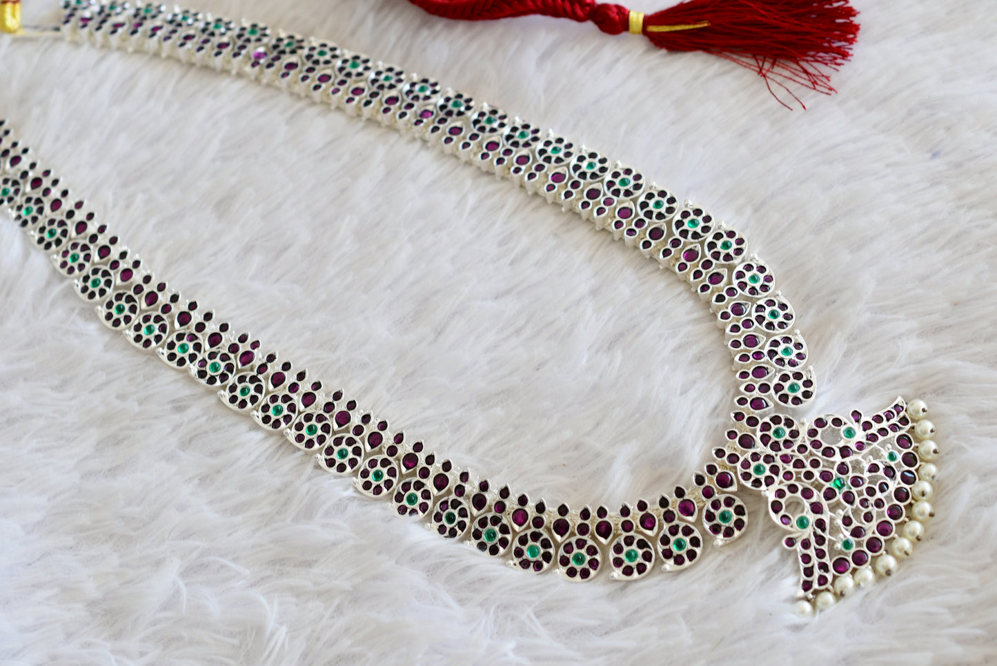 Silver tone precious kemp-green white pearl mango peacock haar Dj-52529