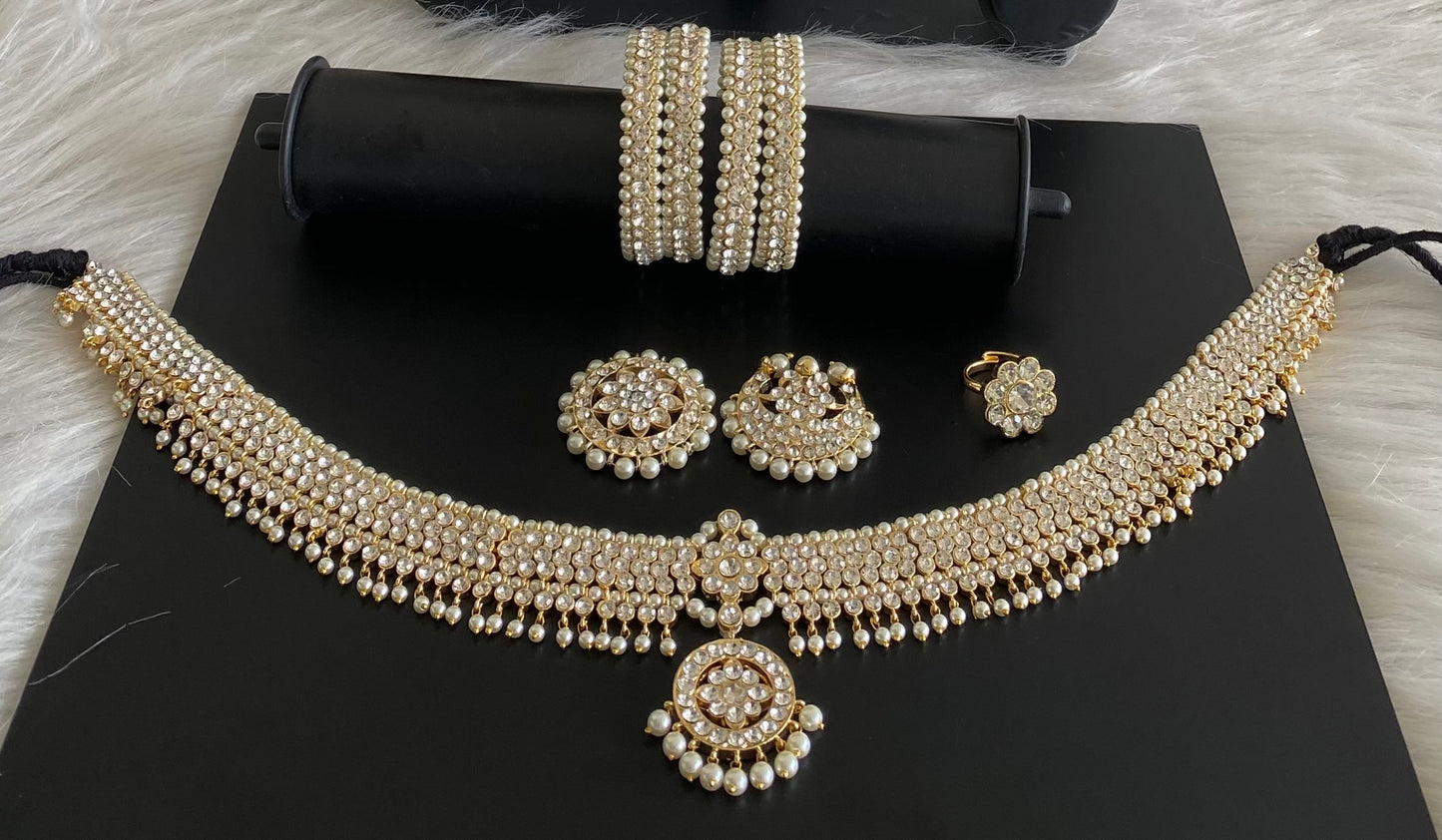 Gold tone AD white stone pearl flower bridal set dj-53966