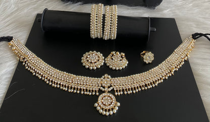 Gold tone AD white stone pearl flower bridal set dj-53966