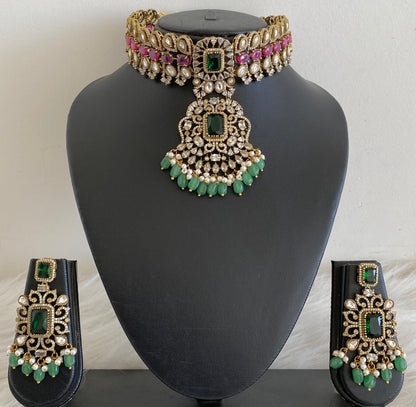 Antique gold tone ruby-white kundan green beaded choker necklace set dj-54802