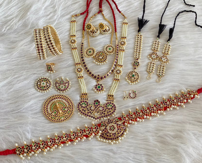 Gold tone precious kemp-green-white pearl peacock bridal set dj-53963