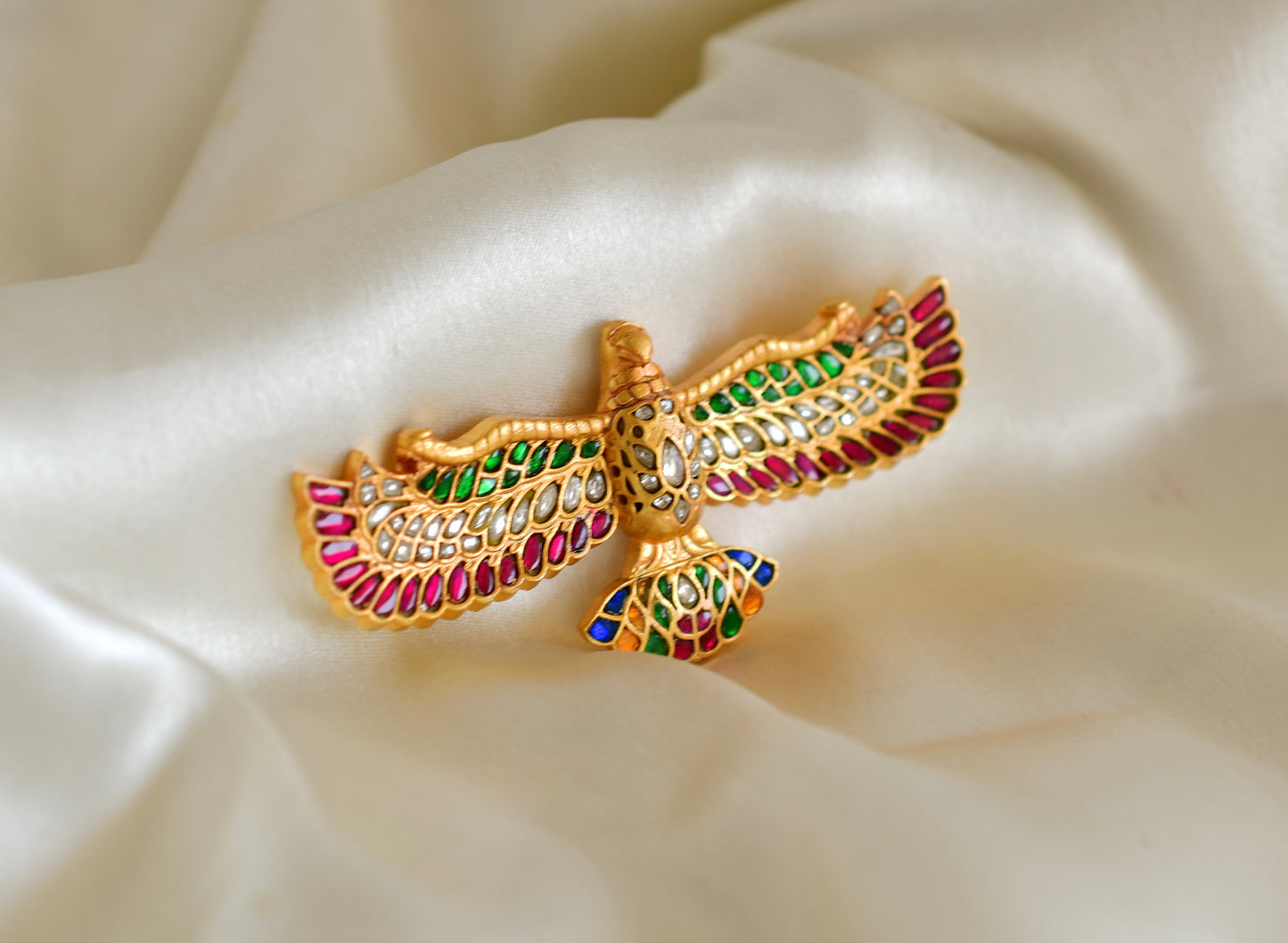 Matte finish Navarathna kundan jadau bird brooch dj-52646