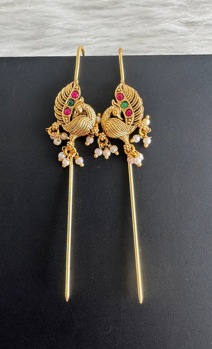 Gold tone pink-green kundan jadau peacock bugadi needle earrings dj-51142