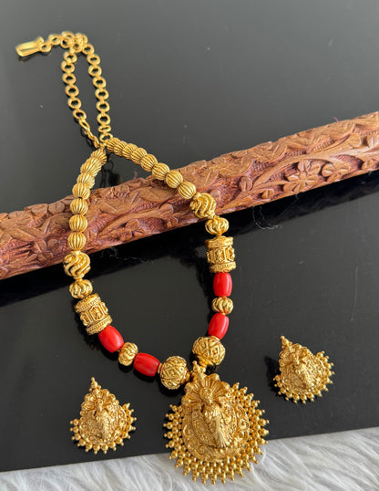 Matte finish coral beaded lakshmi necklace set dj-51106