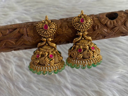 Antique gold tone pink-green beaded swan jhumkka dj-51051