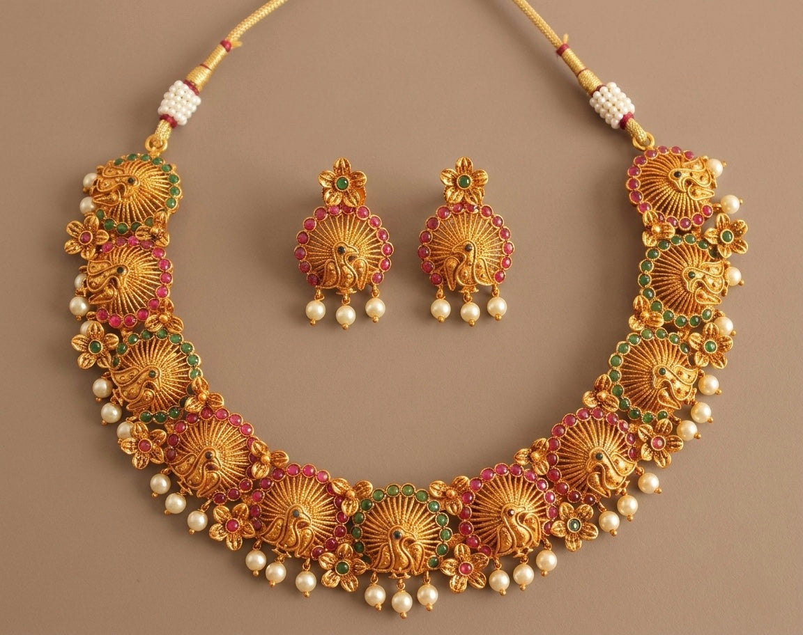 Matte Finish Ruby-emerald Pearl Peacock Necklace Set-dj11004