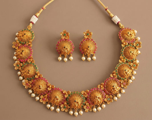 Matte Finish Ruby-emerald Pearl Peacock Necklace Set-dj11004