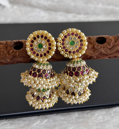Gold tone precious kemp-green-white stone pearl big step jhumkka dj-51394