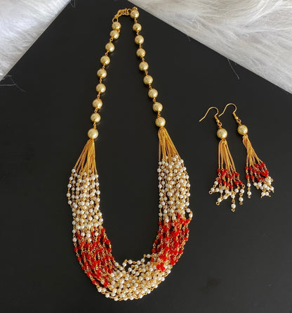 Gold tone red beaded pearl multilayer necklace set dj-54210