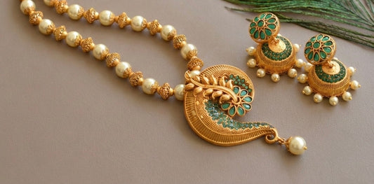 Matte finish emerald pearl beaded necklace set dj-07123