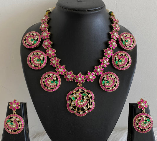 Antique gold tone swan flower kundan jadau necklace set dj-54163