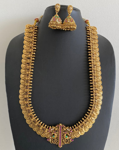 Antique gold tone pink-green-white peacock lakshmi coin haar set dj-54604