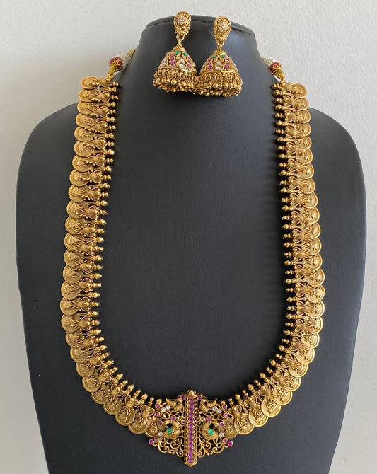 Antique gold tone pink-green-white peacock lakshmi coin haar set dj-54604