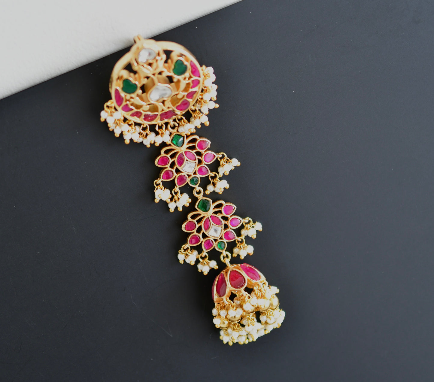 Gold tone pink-green kundan jadau floral hair jewel dj-52377