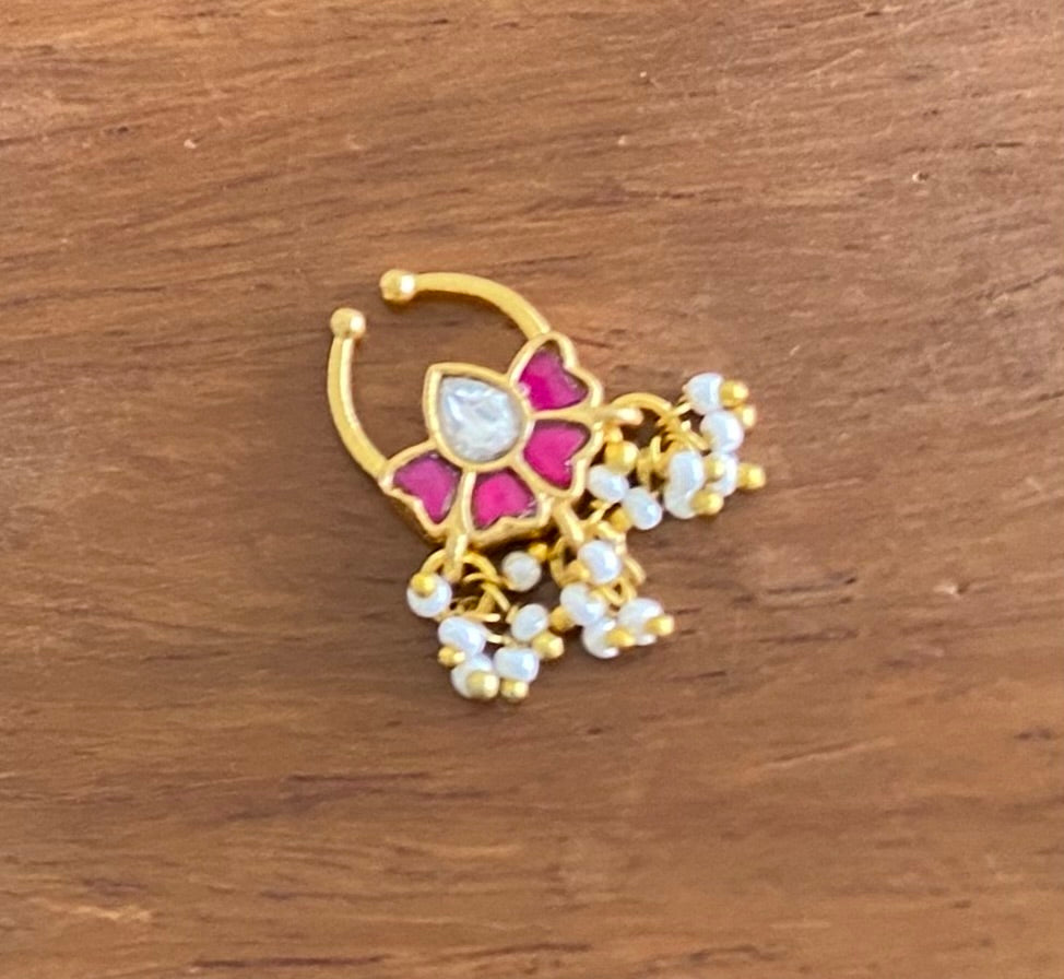 Gold tone kundan jadau pink-white stone pearl flower nose pin/bulakku dj-53794
