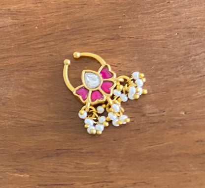 Gold tone kundan jadau pink-white stone pearl flower nose pin/bulakku dj-53794