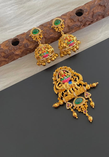 Antique gold tone gaja lakshmi meenakari pendant set dj-54744