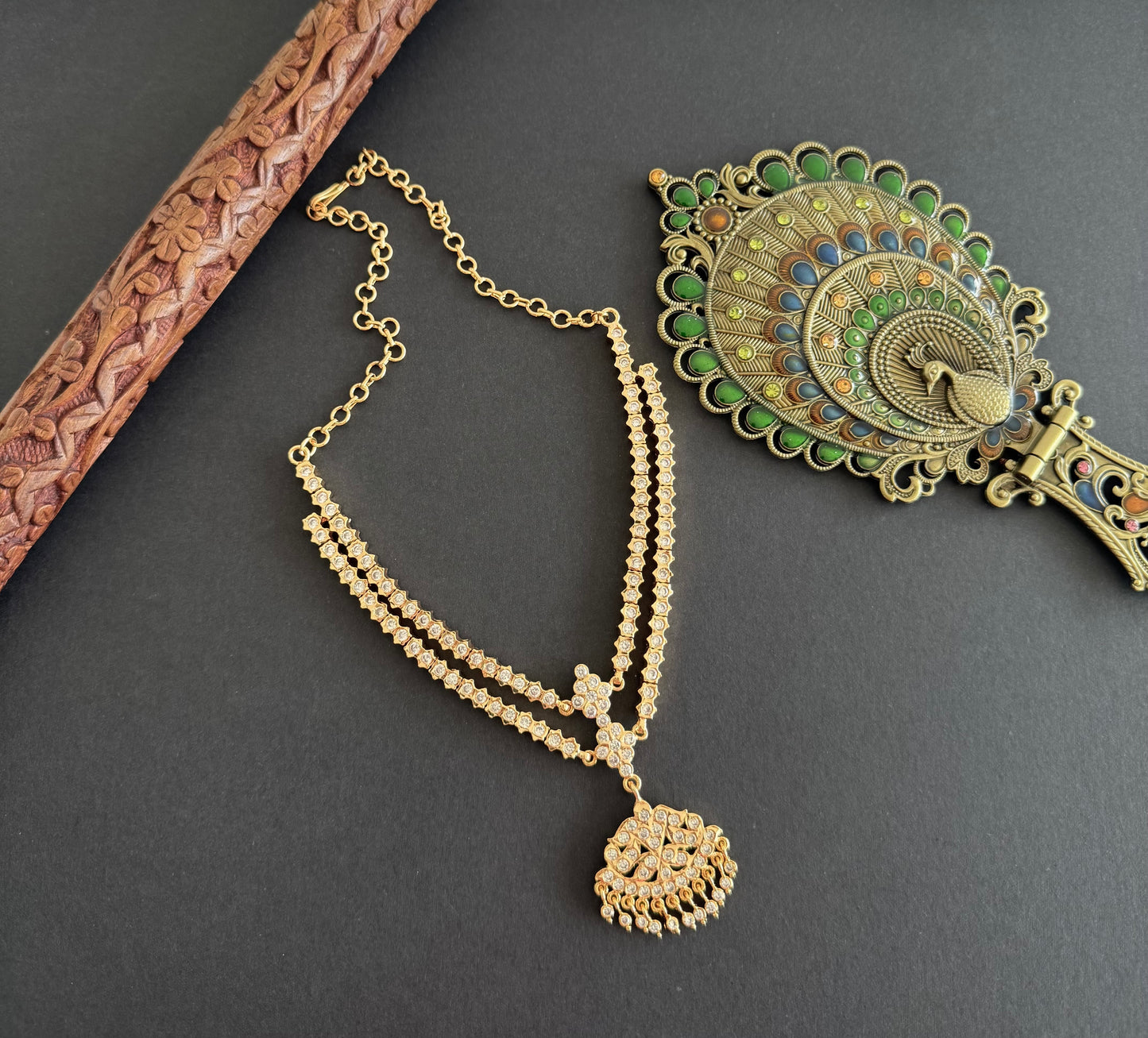 Gold tone AD white south indian style double layer necklace set dj-52210