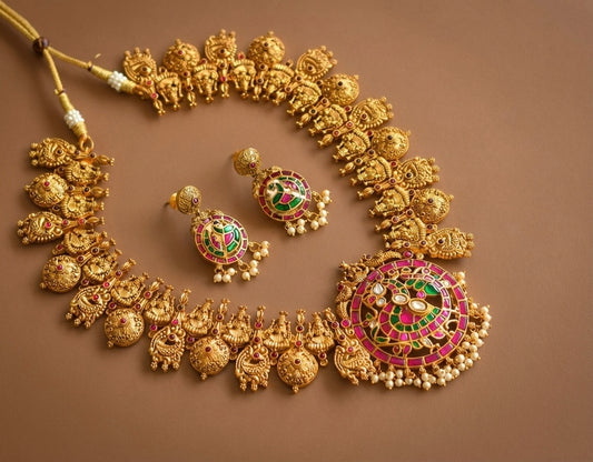 Antique gold tone pink-green-white kundan jadau Lakshmi-swan necklace dj-36580