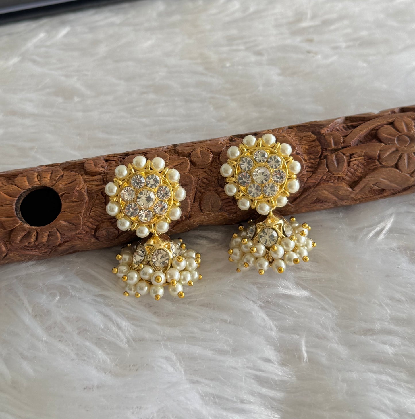 Gold tone AD white pearl small jhumkka dj-51450