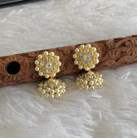 Gold tone AD white pearl small jhumkka dj-51450