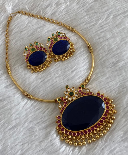 Matte finish peacock big blue oval stone pendant hasli necklace set dj-51225