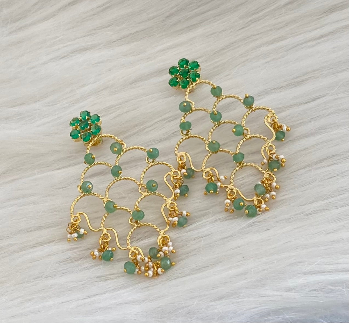Gold tone green stone green beaded long earrings dj-54644
