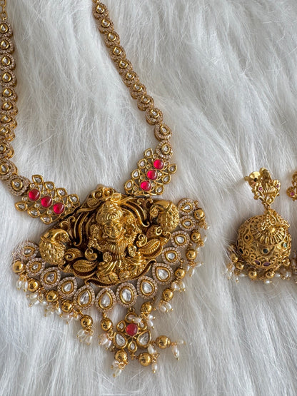 Antique gold tone pink-white stone lakshmi peacock necklace set dj-51113