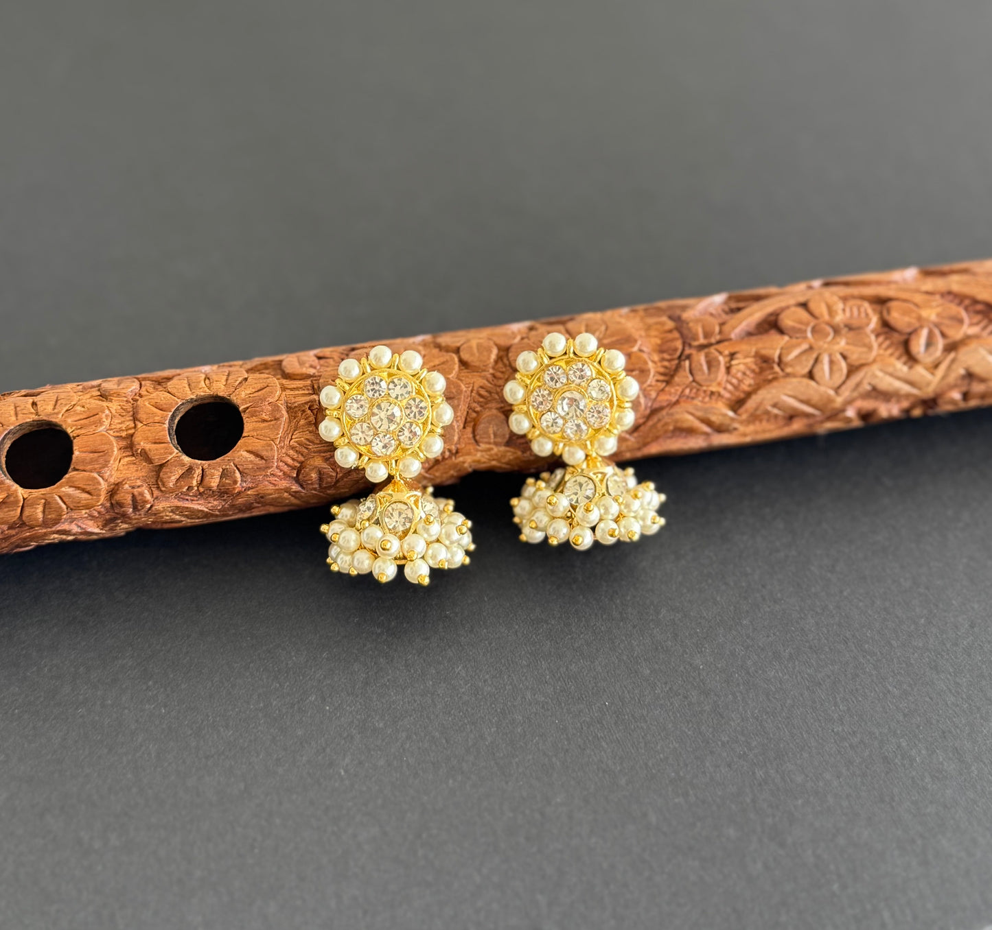 Gold tone AD white pearl small jhumkka dj-51450