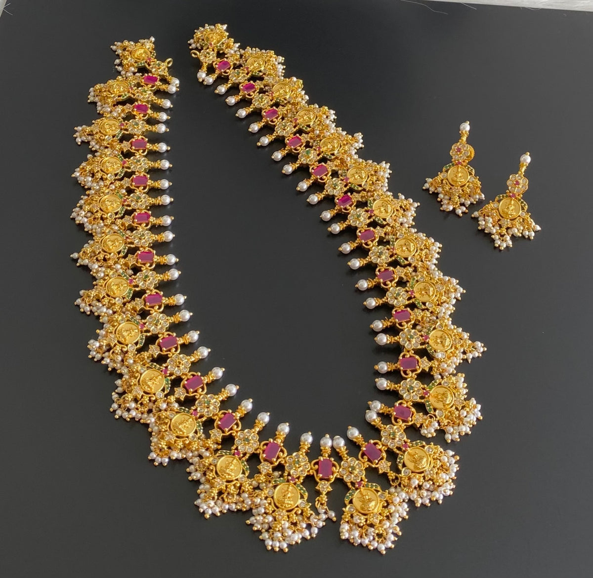 Gold tone ruby-emerald-white lakshmi coin gutta pusalu short haar set dj-55005