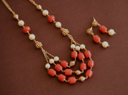 Antique gold tone pearl-coral beaded mala/necklace set dj-52691