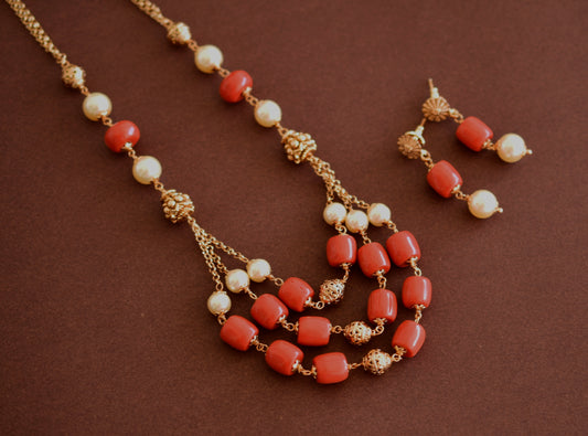 Antique gold tone pearl-coral beaded mala/necklace set dj-52691