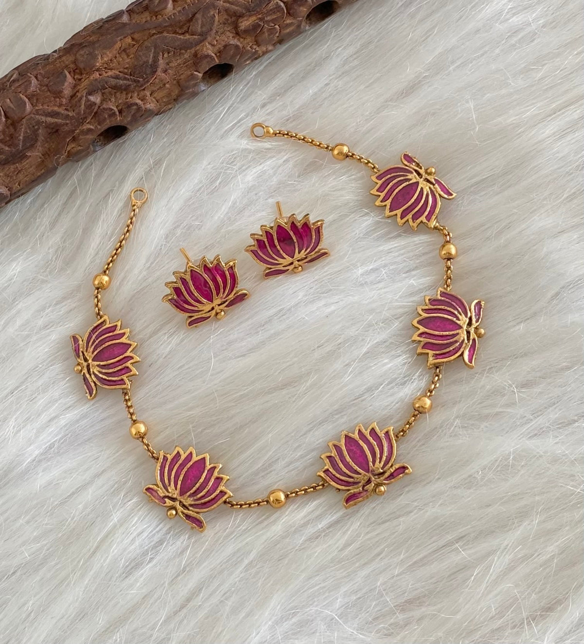 Matte finish pink lotus enamel necklace set dj-54774