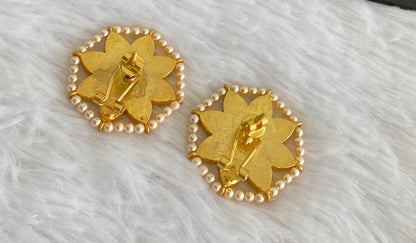 Gold tone pink-white-green pearl kundan jadau flower stud/earrings dj-53545
