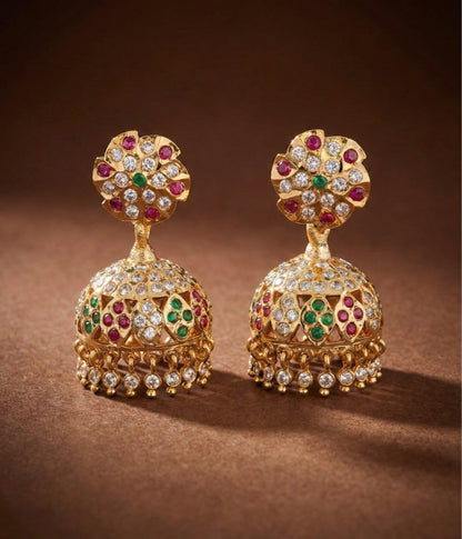 Gold tone south indian style AD pink-green-white jhumkka dj-50497