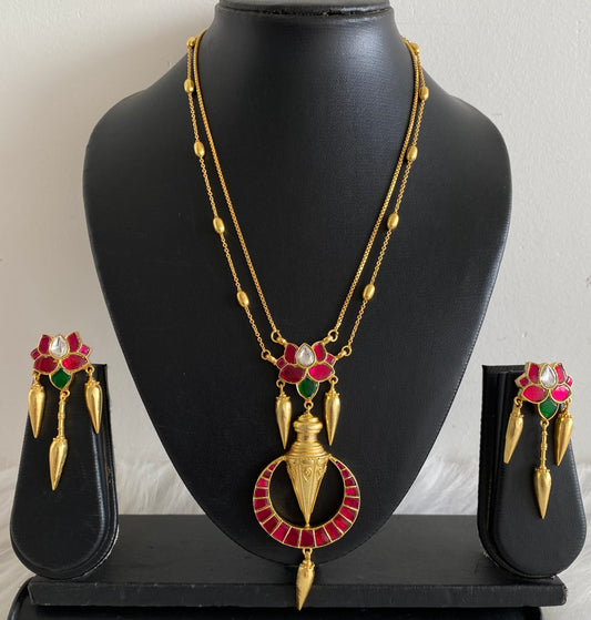 Gold tone double layer lotus kundan jadau necklace set dj-54192