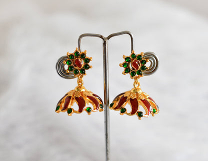 Gold tone red-green flower enamel jhumkka dj-52365