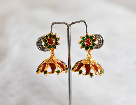 Gold tone red-green flower enamel jhumkka dj-52365