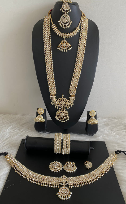 Gold tone precious white stone pearl flower bridal set dj-53966