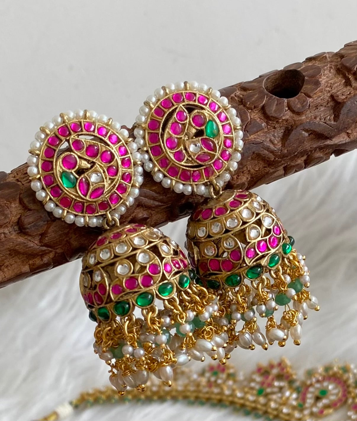 Antique gold tone peacock green beaded kundan jadau rice pearl haar set dj-54155