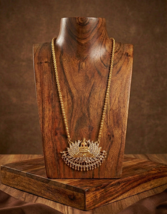 Gold tone white stone Lakshmi Lotus pendant with chain dj-38639