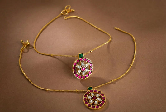 Gold tone pink-green-white round flower kundan jadau anklets dj-52395