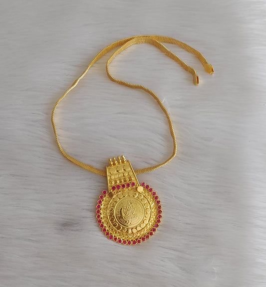 Gold tone pink stone kerala style lakshmi pendant with chain dj-42600