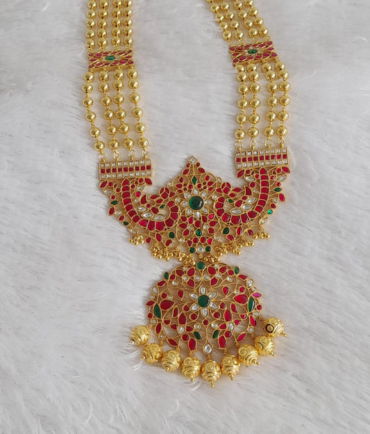 Gold tone pink-green-white kundan jadau flower haar dj-50682